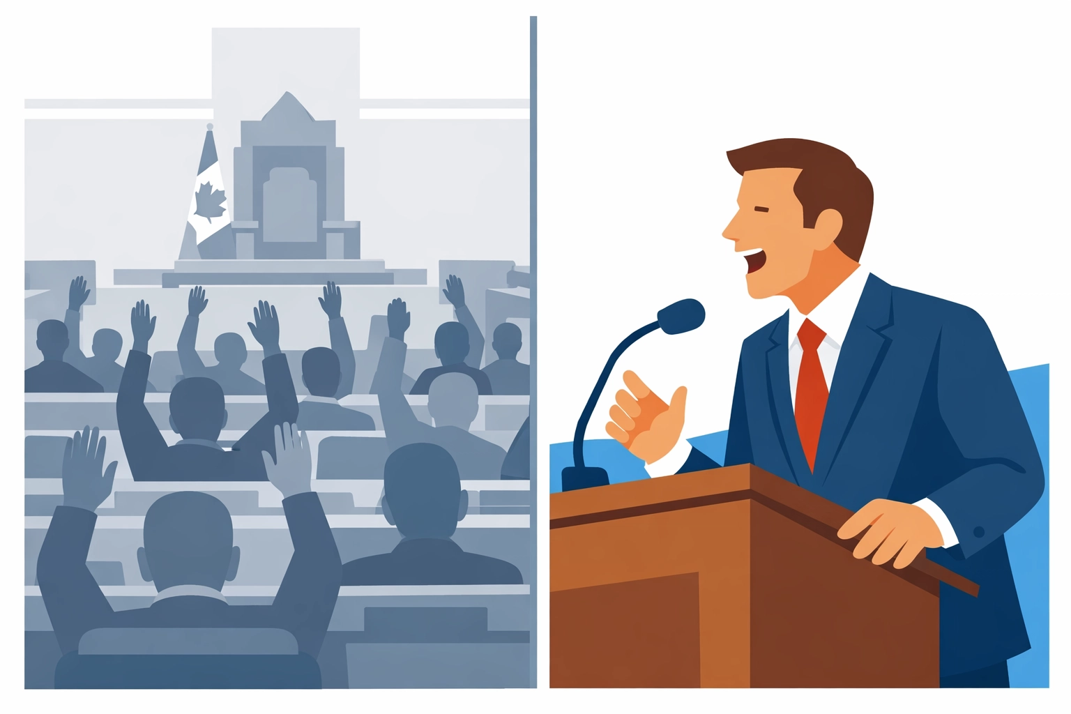 Canadian MPs voting in Parliament versus individual MP speaking at podium showing party lines vs personal stance